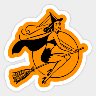 Halloween Vintage Retro Witch Pinup Girl on Broom Sticker